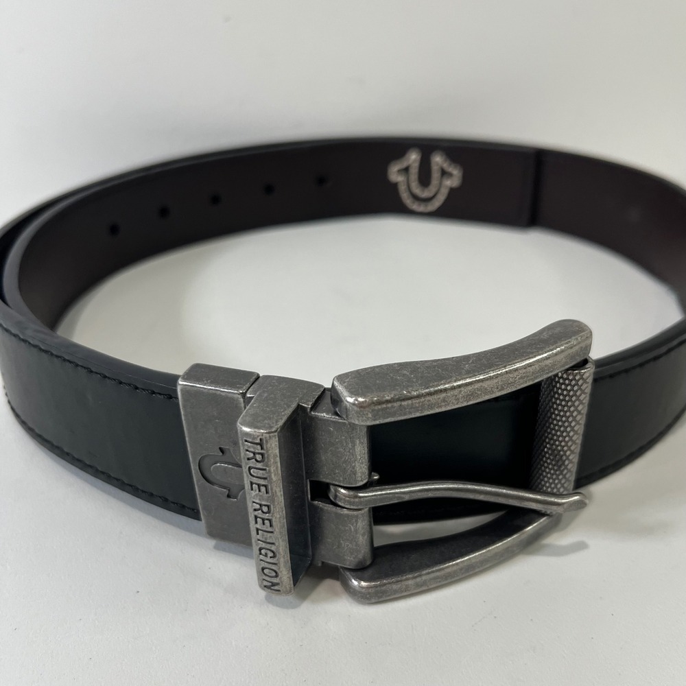 True Religion Reversible Belt Mens 38 Black Brown Faux Leather Silver Buckle Y2K